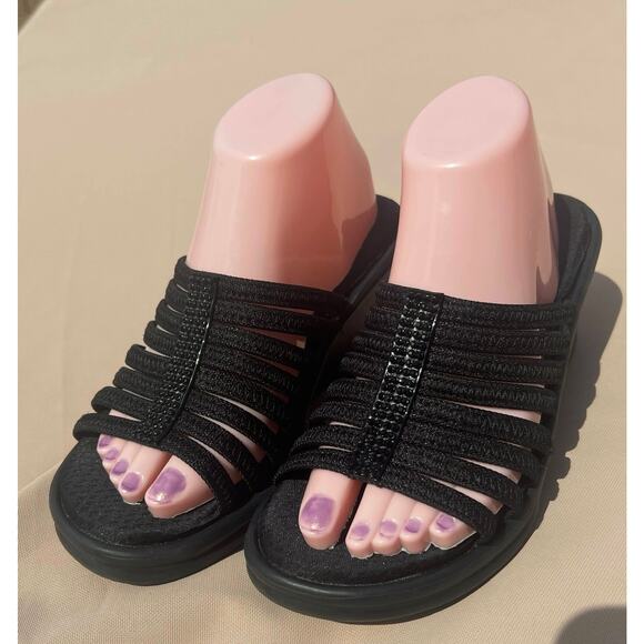 Skechers Rumblers Hotshot Black Rhinestone Wedge Slide Strappy Comfort Sandals 9 - Picture 2 of 14
